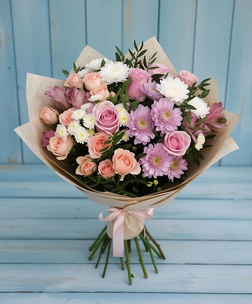 Букет цветов из: Хризантемы, Розы и Альстромерии в Волжский