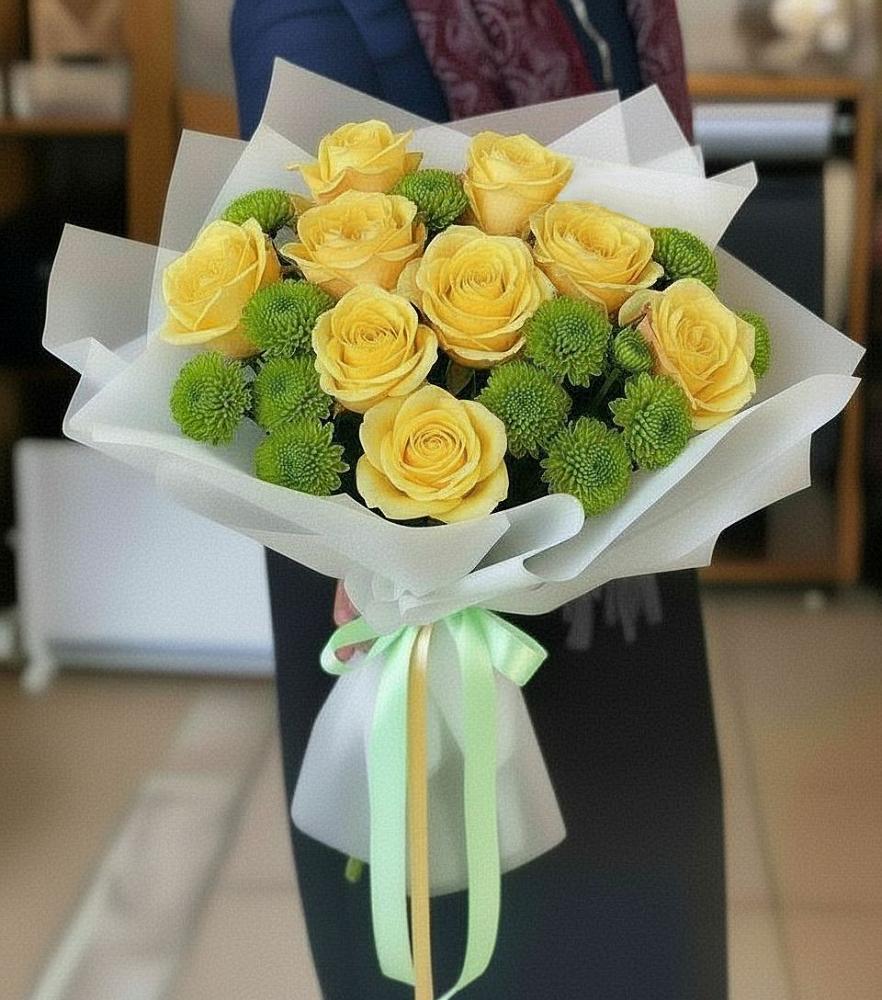 Букет цветов из: Хризантемы и Розы в Волжский