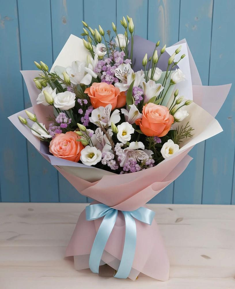 Букет цветов из: Лизиантусы, Розы, Альстромерии и Гипсофила в Волжский