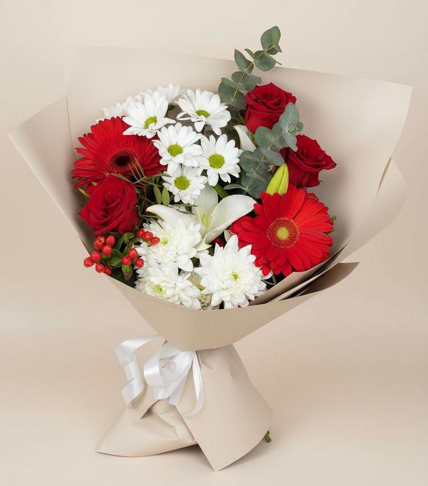 Букет цветов из: Розы, Хризантемы, Герберы и Лилии в Волжский