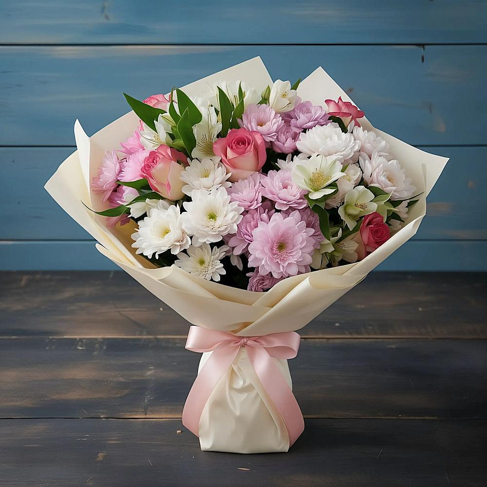 Букет цветов из: Хризантемы, Альстромерии и Розы в Волжский